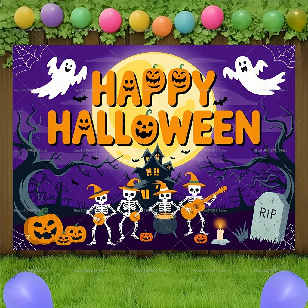 Happy Halloween Evil Witch Bat Black Cat Castle Photography Background Photo Decoration Supplies Home Party Celebration Banner 6