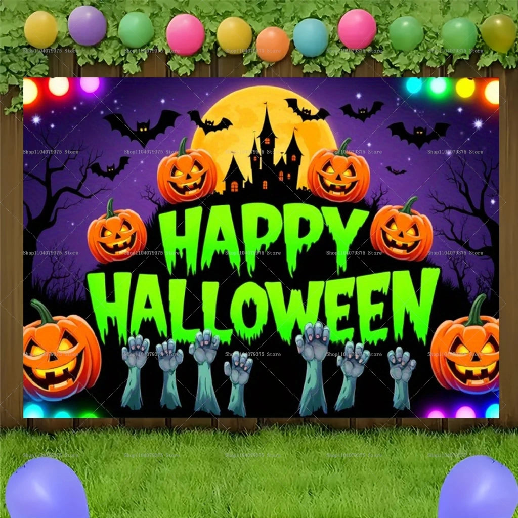 Happy Halloween Evil Witch Bat Black Cat Castle Photography Background Photo Decoration Supplies Home Party Celebration Banner 8