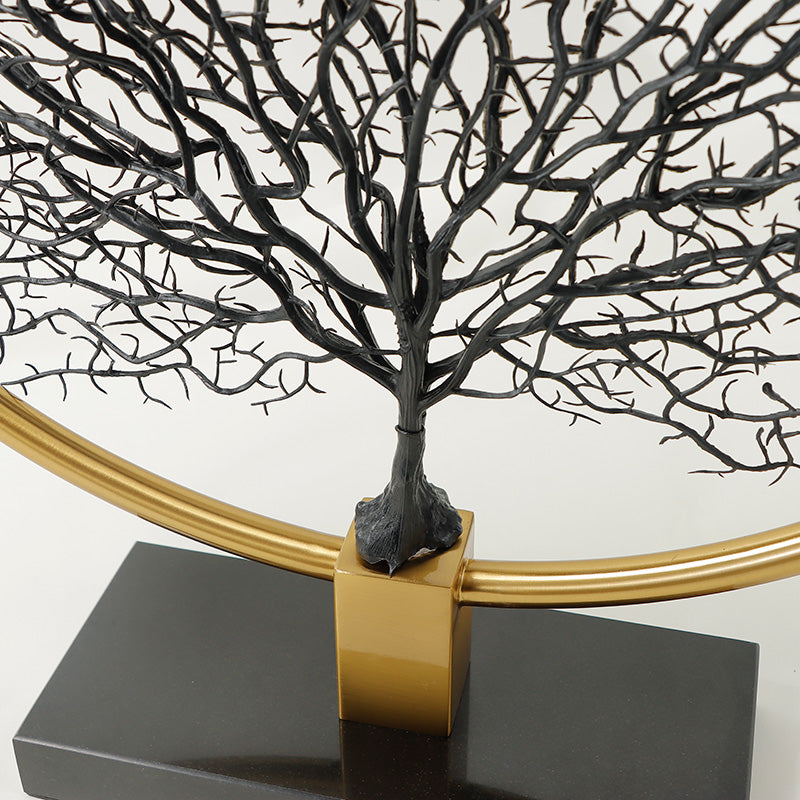 RoyaleGlow Vintage Style Tabletop Tree Sculpture - Gold Ring & Metal Silhouette Art