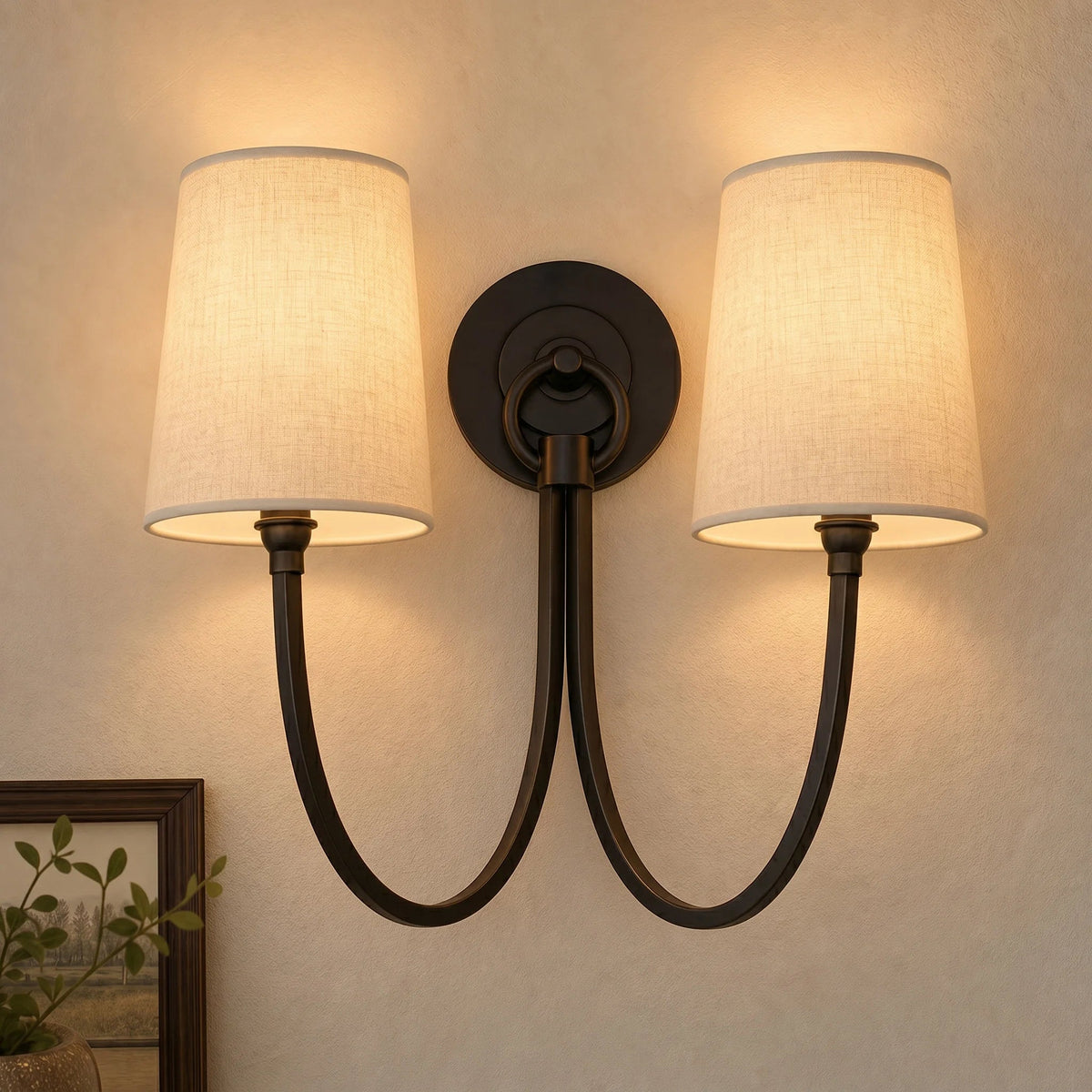 RoyaleGlow Modern Wall Sconce with Linen Shade - Elegant Double Light Fixture - Royale Basic