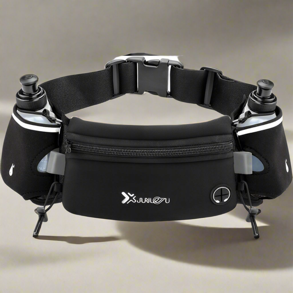 running hydration waist belt with 7-inch pocket no-bounce adjustable fit holds phone keys and cards includes 2 water bottles anti-slip design with reflective straps and headphone slot for runners