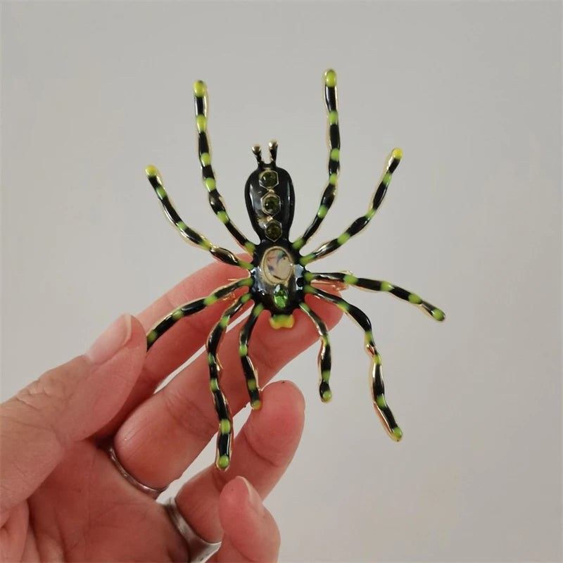 Large Size Exaggerated Funny Spider Brooch Creative Halloween Brooches Green Rhinestones Pin Punk Hip Hop Trend Jewelry Gift 6