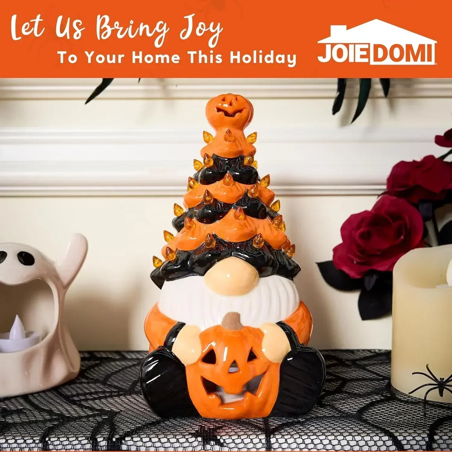 Light Up Ceramic Gnomes Halloween Tree, 8.6" Ceramic Tree with Pumpkin Bat - Vintage Orange Halloween Figurines for Bedroom Nigh 4