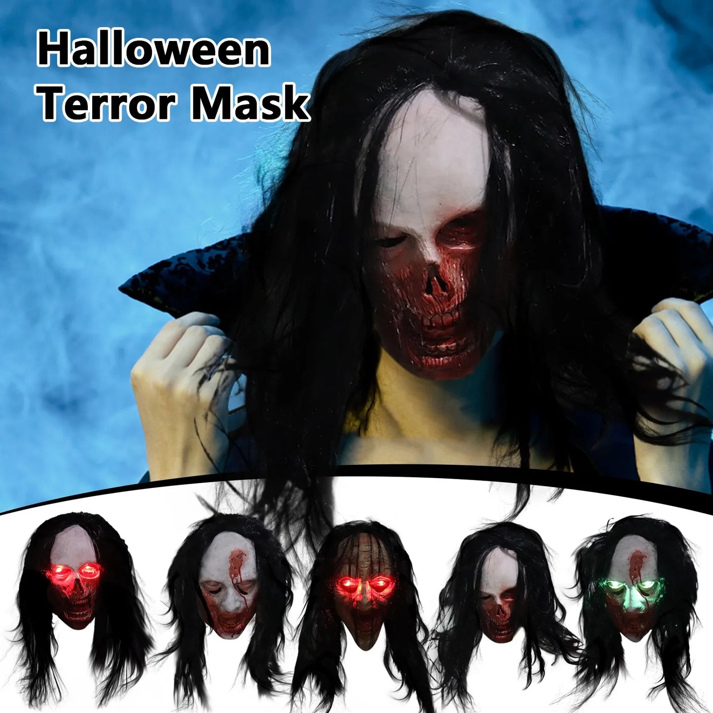 Long Hair Ghost Glowing Eye Mask Cosplay Horror Halloween Carnival Party Simulation Horror Latex Mask Comfortable And Breathable 1