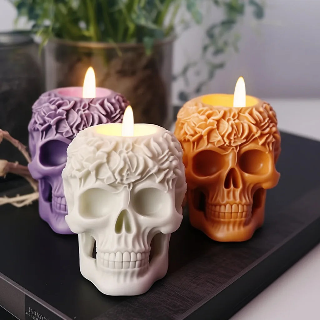 New 3D Flower Skull Head Candle Silicone Mold Rose Skull Head Resin Silicone Mold Skull Head Concrete Gypsum Mold 2