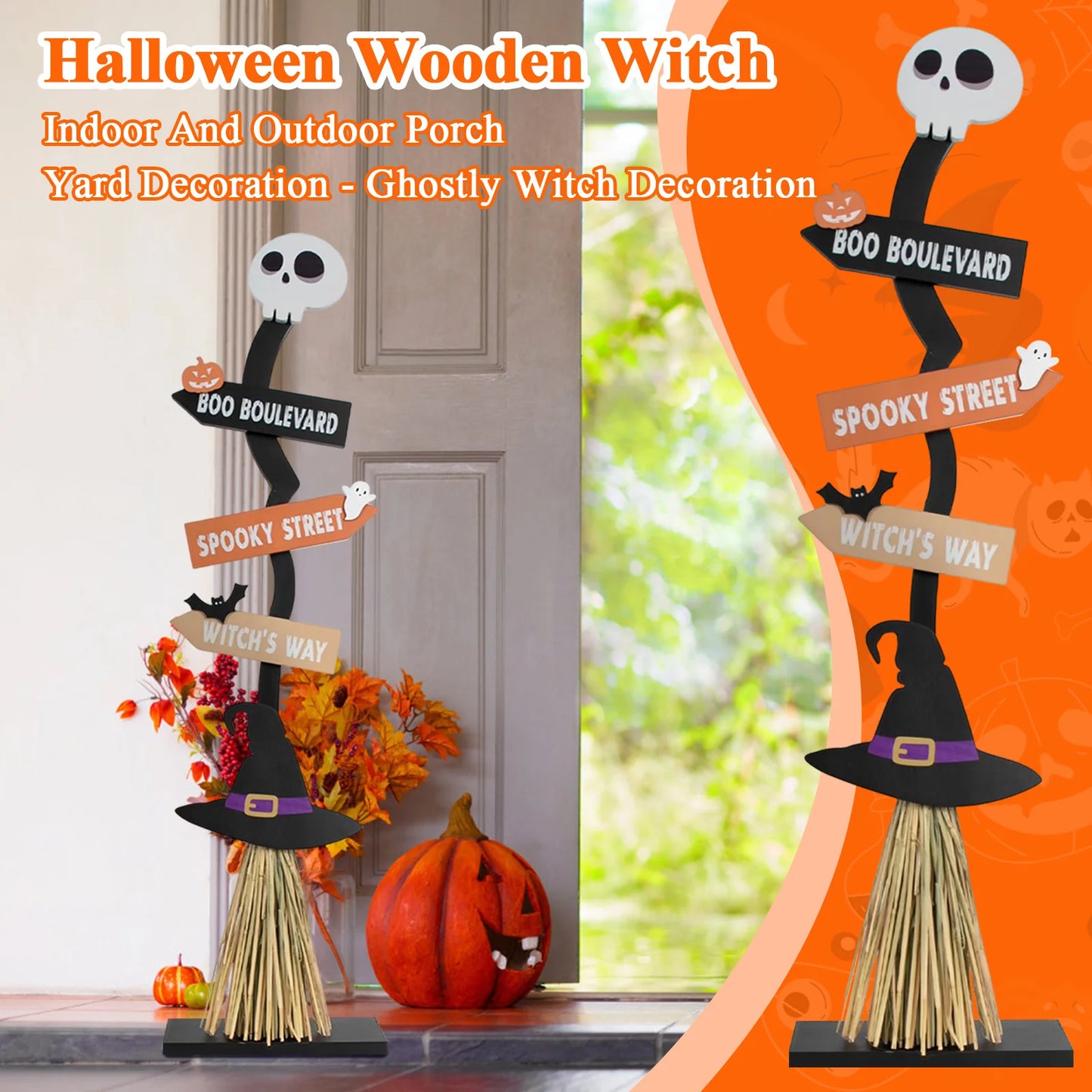 New Halloween Wooden Witch Broom Porch Yard Holiday Atmosphere Decorative Props Ghostly Witch Decoration Festival Gift 1
