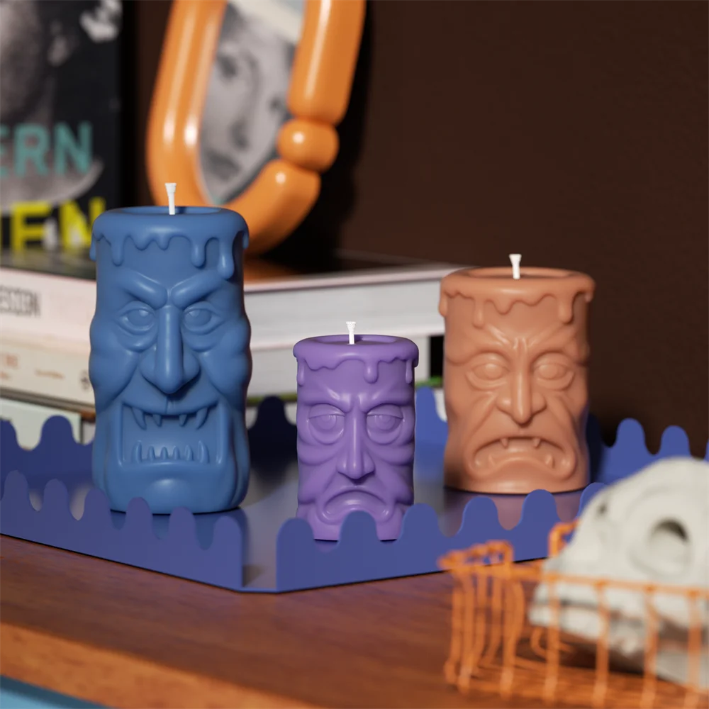 Nicole Double-sided Ghoulish Grins Column Pillar Candle Silicone Mold Halloween Candle Mould Halloween Home Decor Tools 0