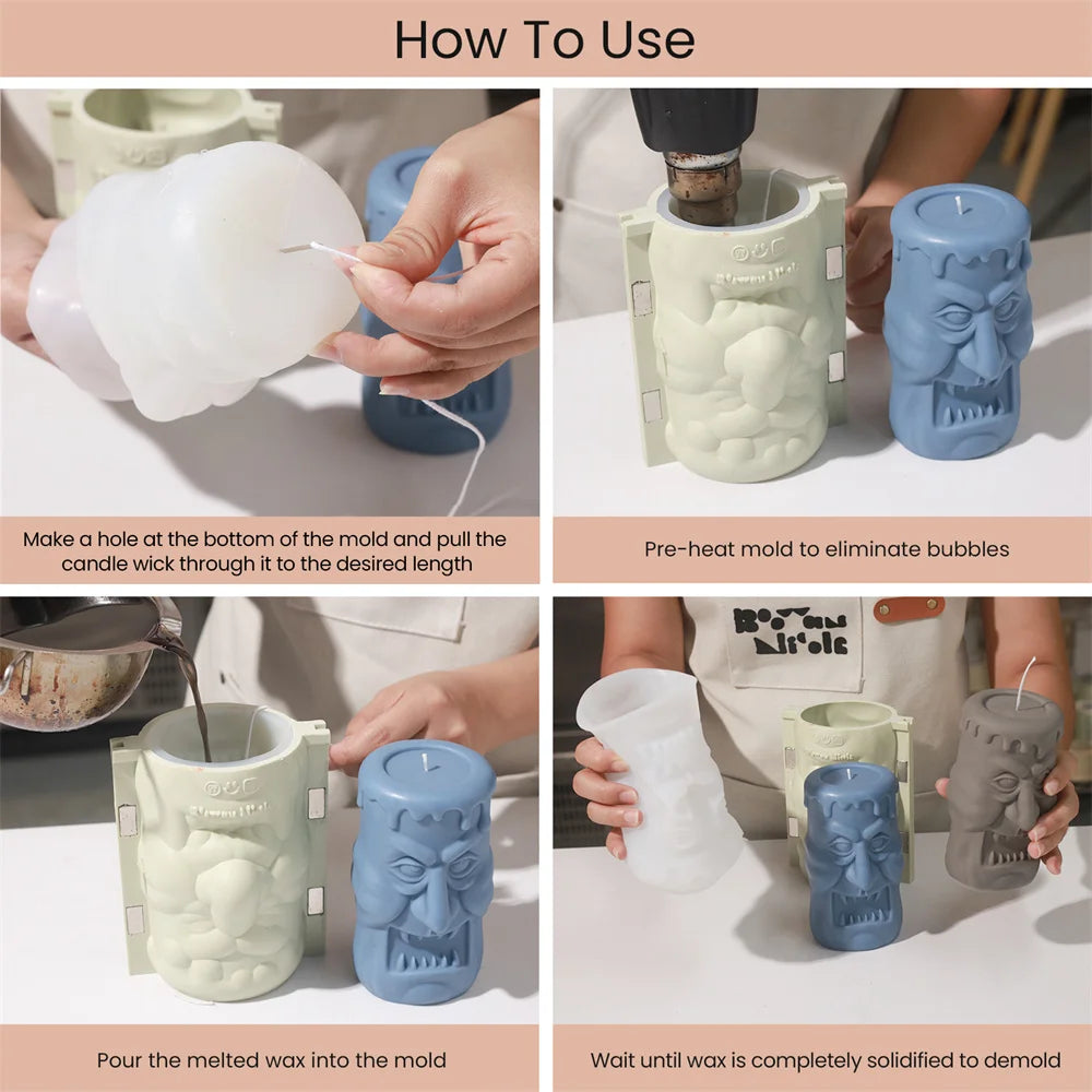 Nicole Double-sided Ghoulish Grins Column Pillar Candle Silicone Mold Halloween Candle Mould Halloween Home Decor Tools 2