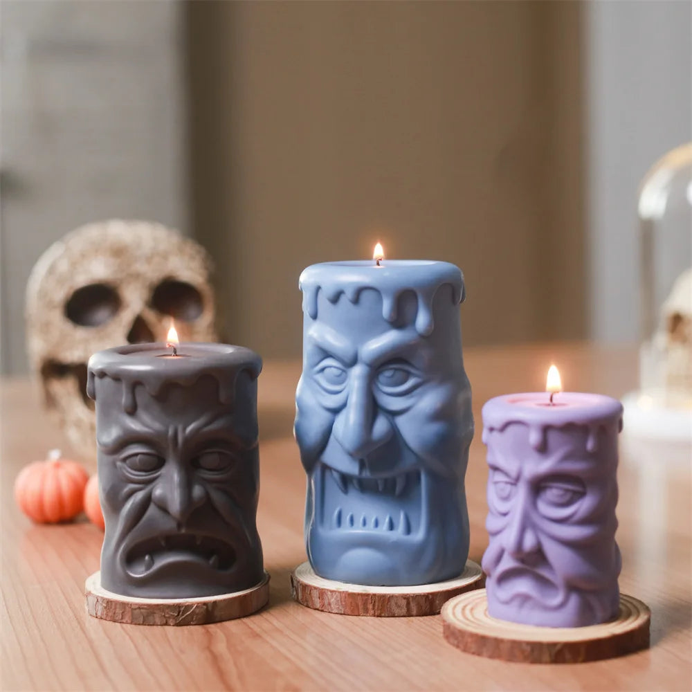Nicole Double-sided Ghoulish Grins Column Pillar Candle Silicone Mold Halloween Candle Mould Halloween Home Decor Tools 5