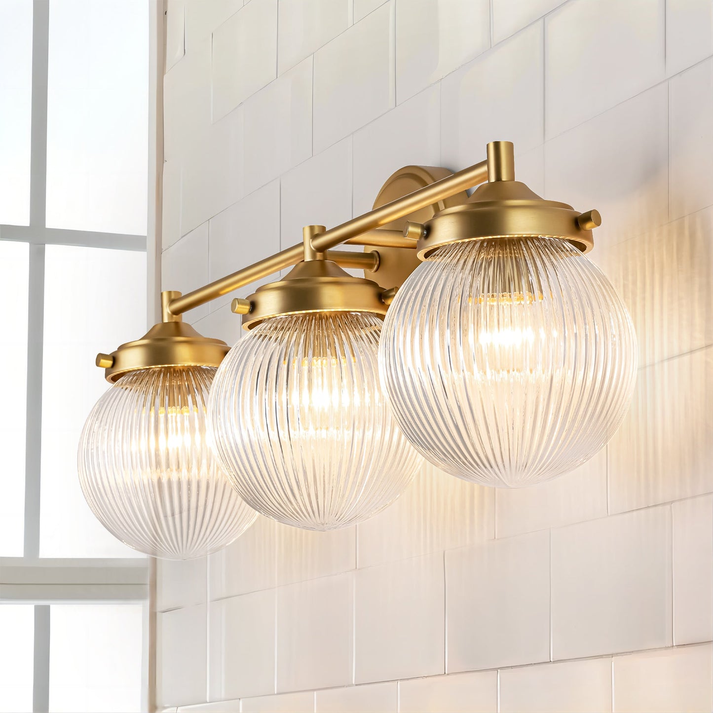 Royelux 24-Inch 3-Head Poppy Vanity Light with Ribbed Glass Globes