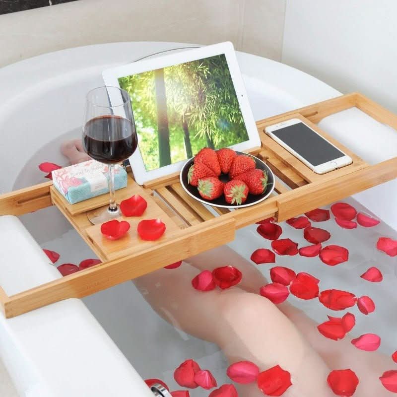 Royallure Bamboo Bathtub Tray with Adjustable Width, Wine Glass Holder & Tablet Stand 5