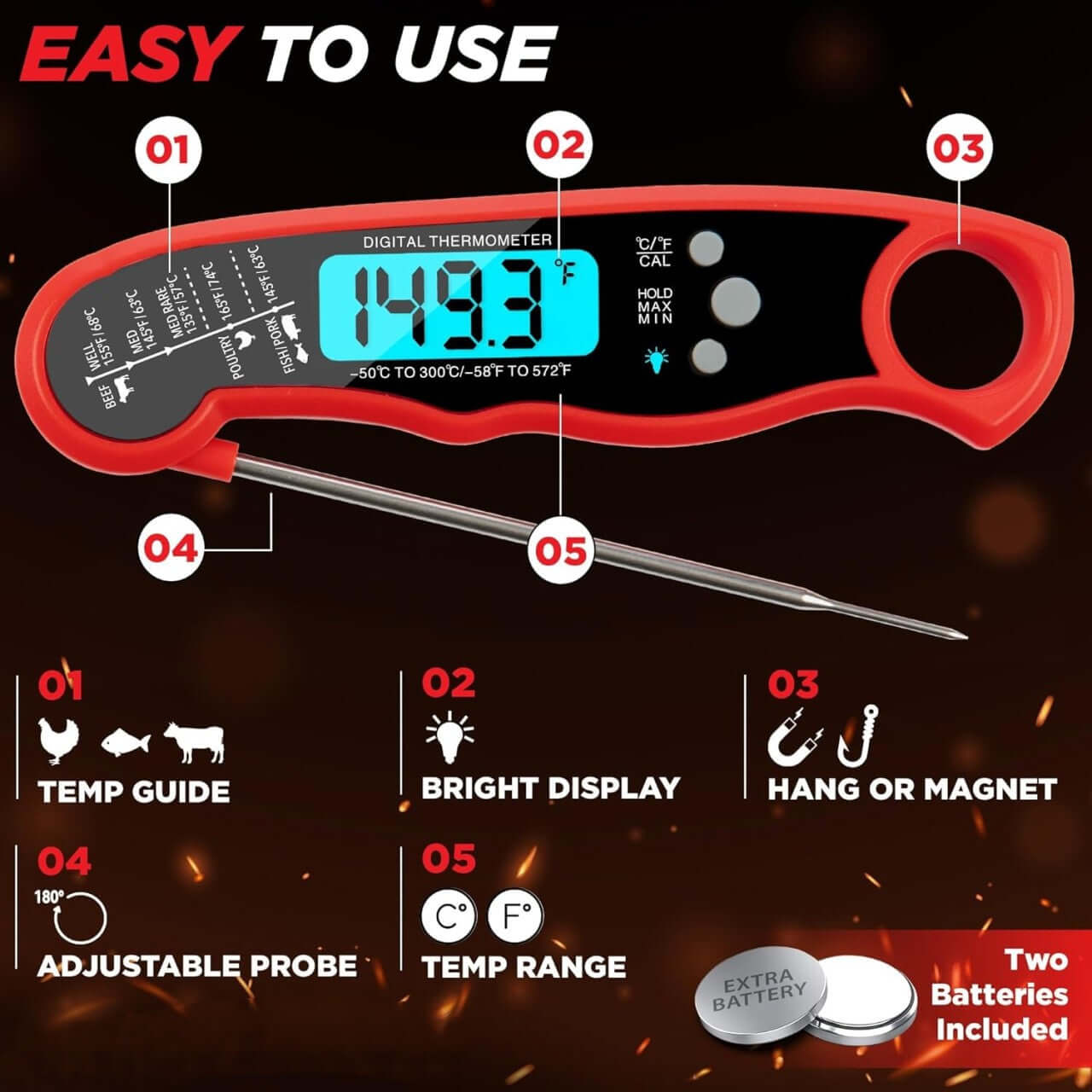 Royallure Digital Meat Thermometer with Backlit Display – Fast Accurate Food Thermometer for BBQ, Baking, and Frying 2