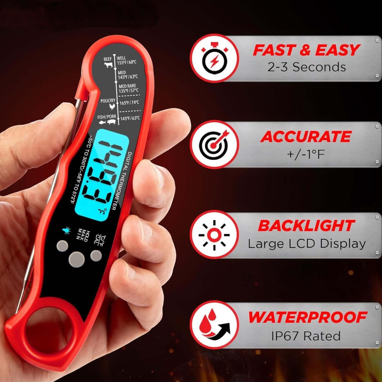 Royallure Digital Meat Thermometer with Backlit Display – Fast Accurate Food Thermometer for BBQ, Baking, and Frying 3