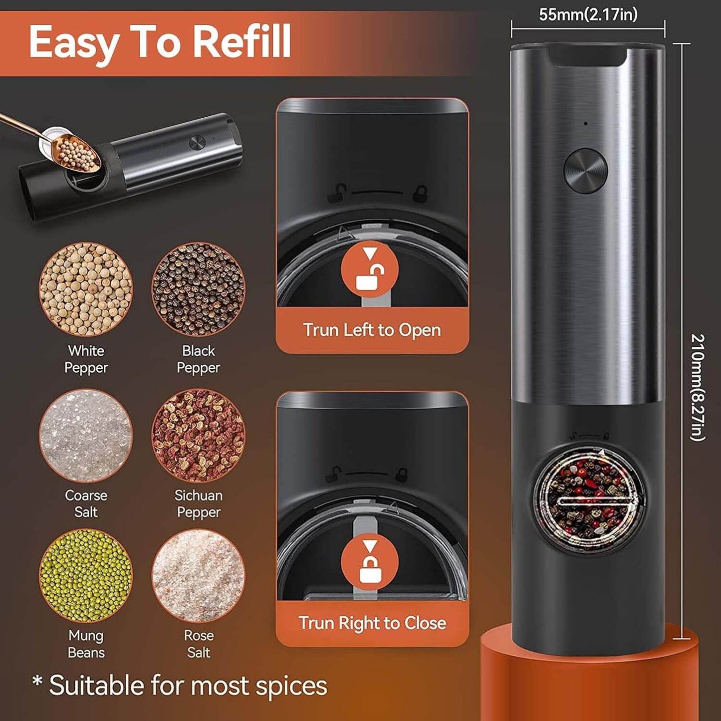 Royallure Electric Salt and Pepper Grinder Set – Rechargeable Stainless Steel, One-Handed Operation, Adjustable Grind with LED Light 3