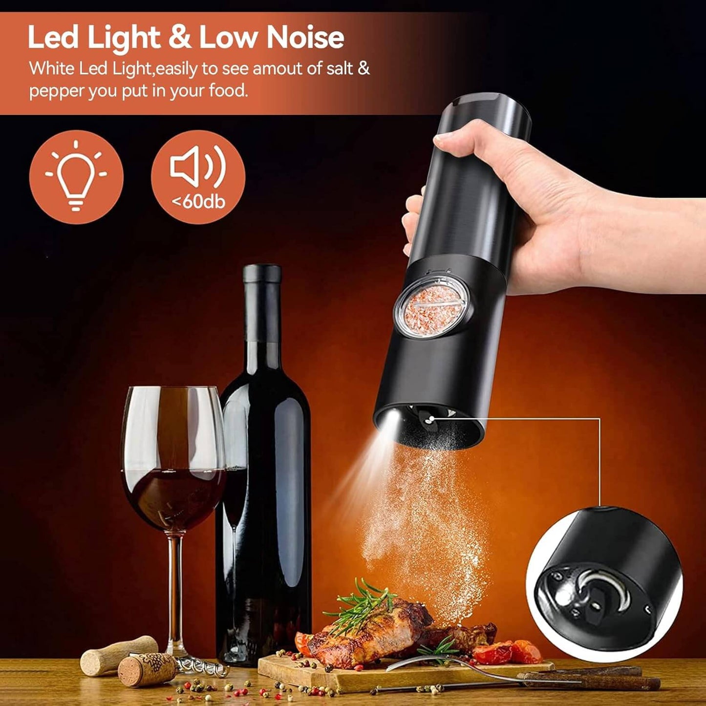 Royallure Electric Salt and Pepper Grinder Set – Rechargeable Stainless Steel, One-Handed Operation, Adjustable Grind with LED Light 4