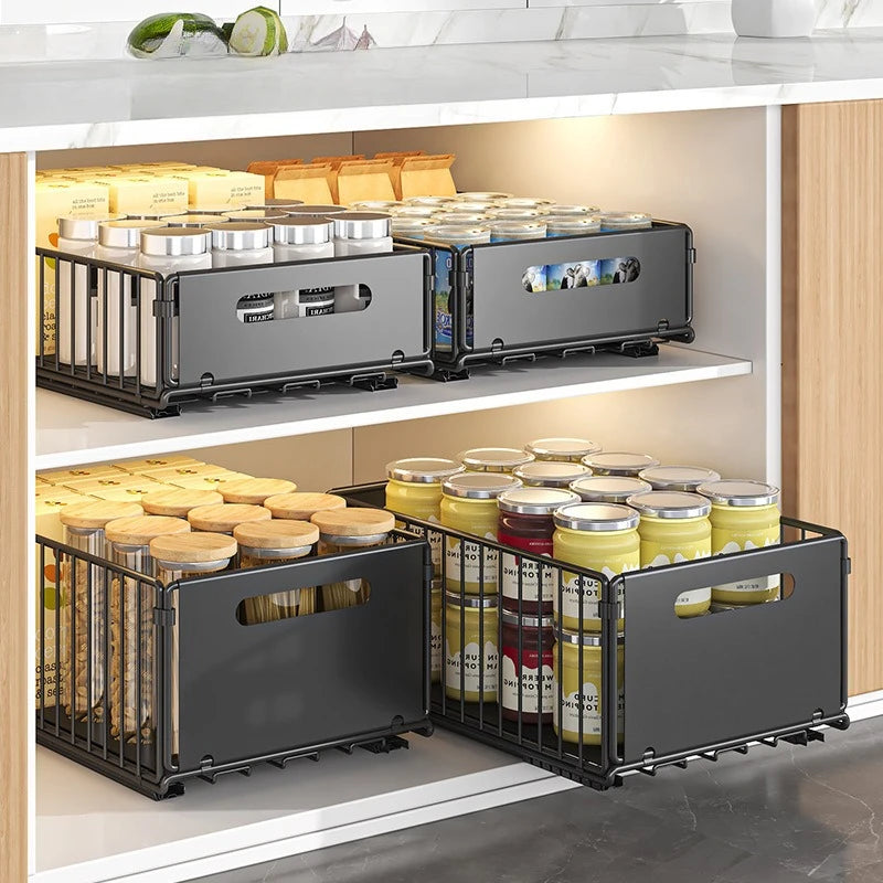 Royallure Kitchen Storage Rack with Pull-Out Basket – Space-Saving Folding Cabinet Organizer, Durable Carbon Steel, Black 0