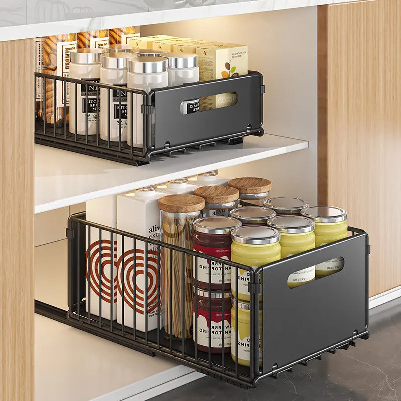 Royallure Kitchen Storage Rack with Pull-Out Basket – Space-Saving Folding Cabinet Organizer, Durable Carbon Steel, Black 2