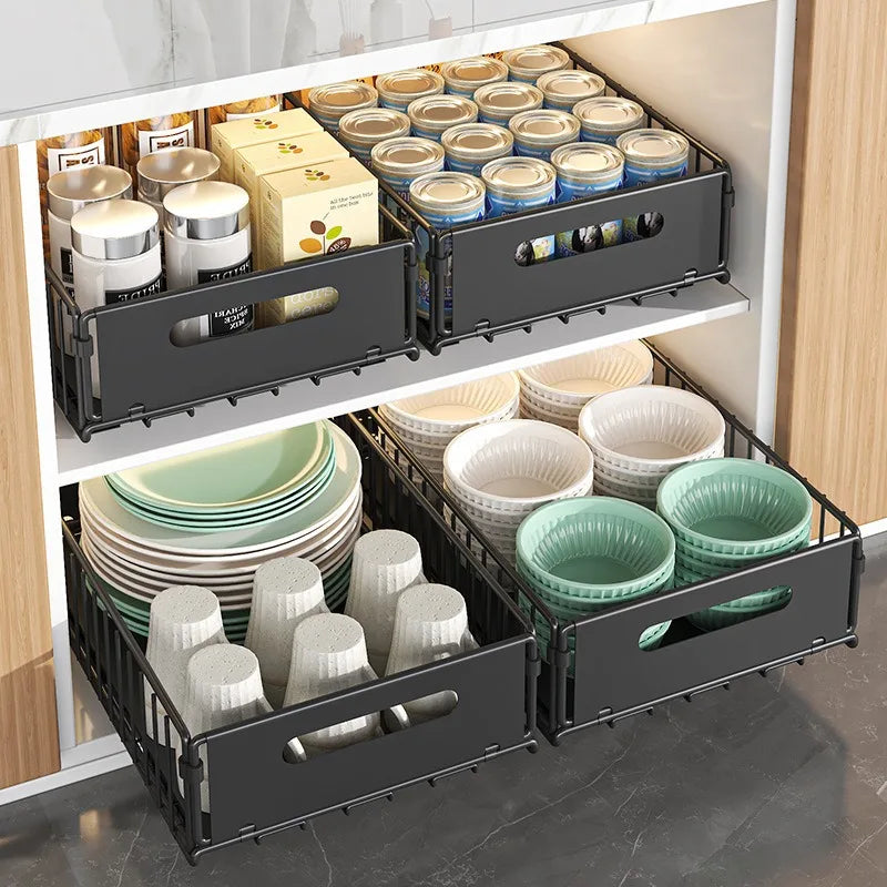 Royallure Kitchen Storage Rack with Pull-Out Basket – Space-Saving Folding Cabinet Organizer, Durable Carbon Steel, Black 4