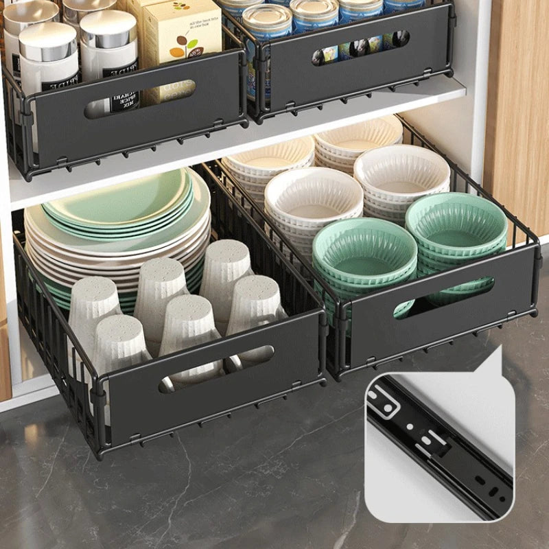 Royallure Kitchen Storage Rack with Pull-Out Basket – Space-Saving Folding Cabinet Organizer, Durable Carbon Steel, Black 5