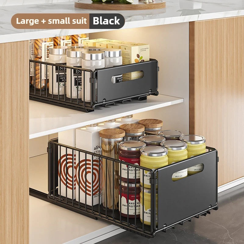 Royallure Kitchen Storage Rack with Pull-Out Basket – Space-Saving Folding Cabinet Organizer, Durable Carbon Steel, Black 6