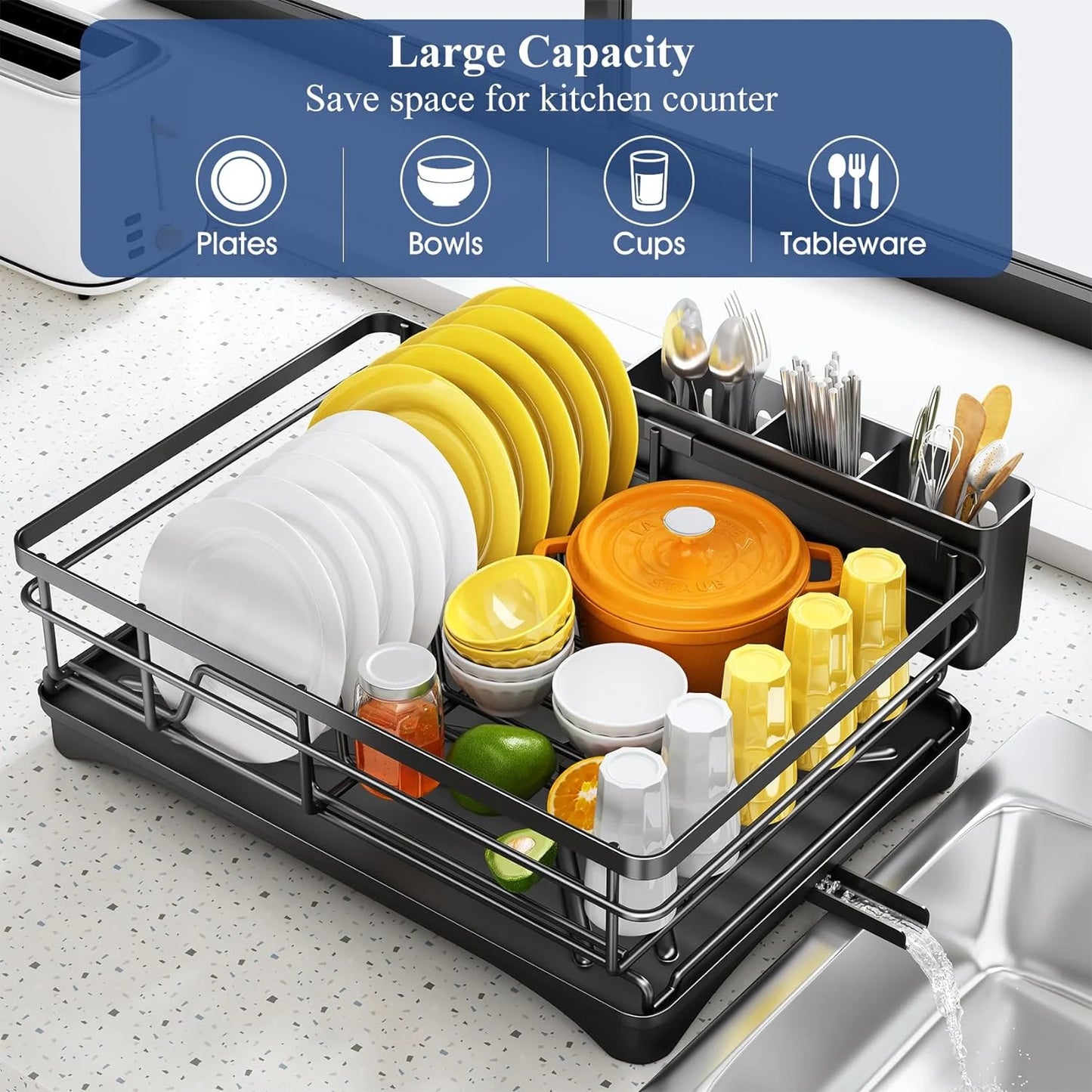 Royallure Large Dish Drying Rack with Drainboard and Utensil Holder – Rustproof Kitchen Dish Drainer 1