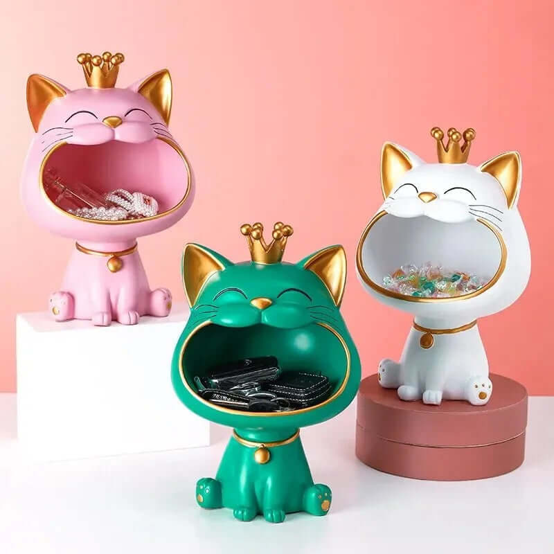 Royallure Lucky Cat Storage Jar – Whimsical Resin Figurine for Organizing Keys, Jewelry, and Coins, 7.3” x 10.6” x 6.5” 4