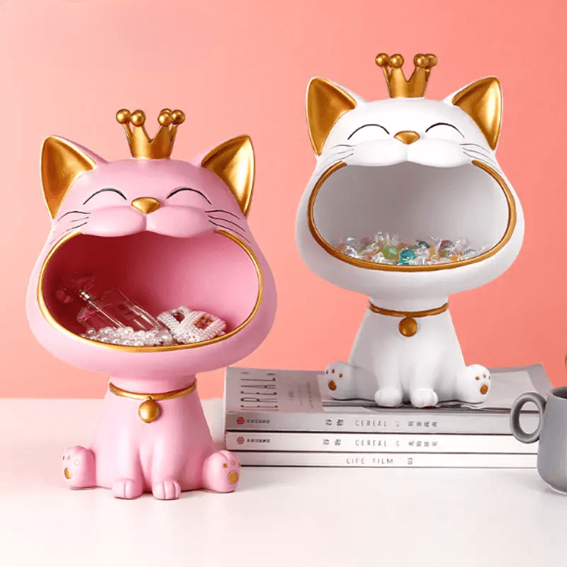 Royallure Lucky Cat Storage Jar – Whimsical Resin Figurine for Organizing Keys, Jewelry, and Coins, 7.3” x 10.6” x 6.5” 5