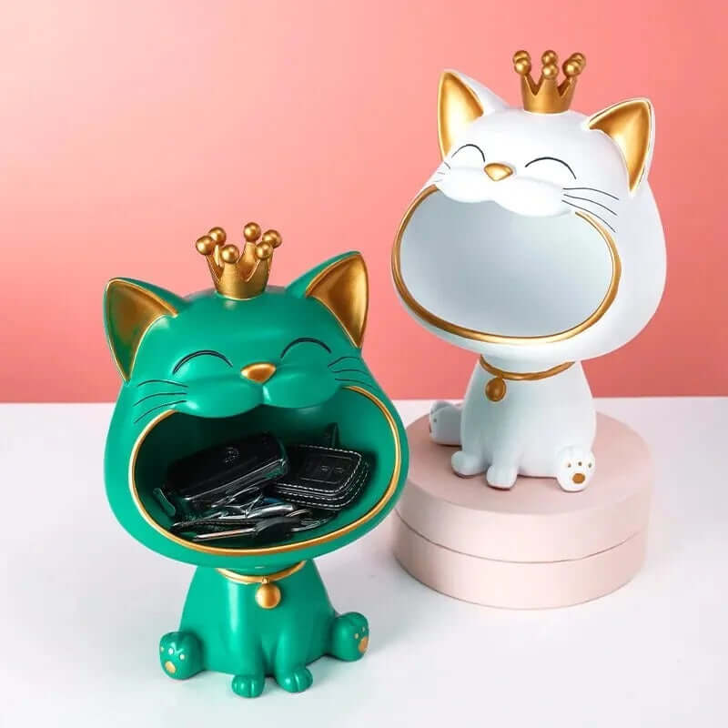Royallure Lucky Cat Storage Jar – Whimsical Resin Figurine for Organizing Keys, Jewelry, and Coins, 7.3” x 10.6” x 6.5” 6