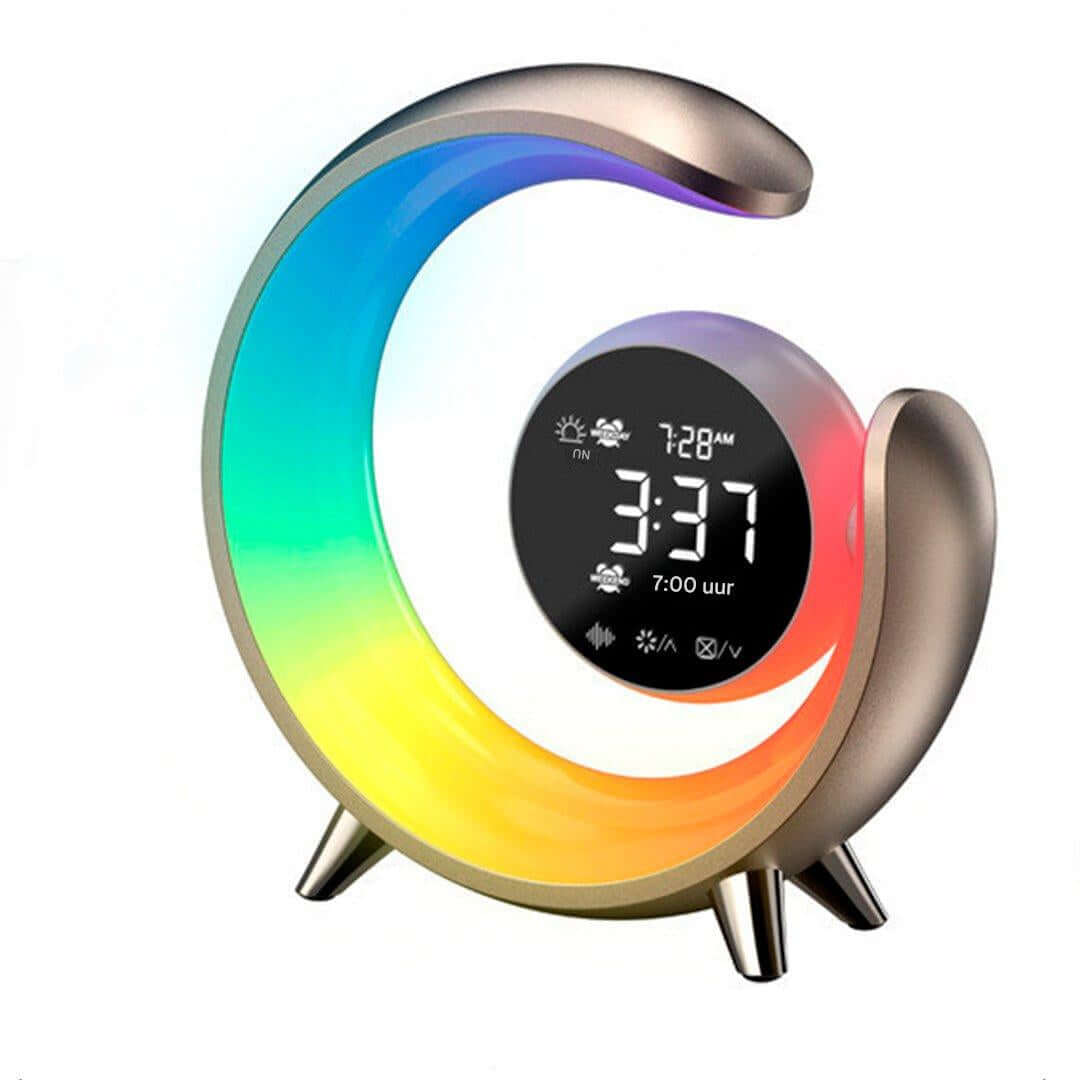 Royallure multifunctional night light with RGB colors and dual alarm clock display.
