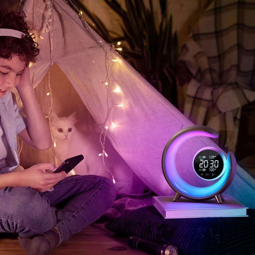 Child relaxing with Royallure Multifuntional Night Light, featuring RGB colors and dual alarm clock, in a cozy setup.