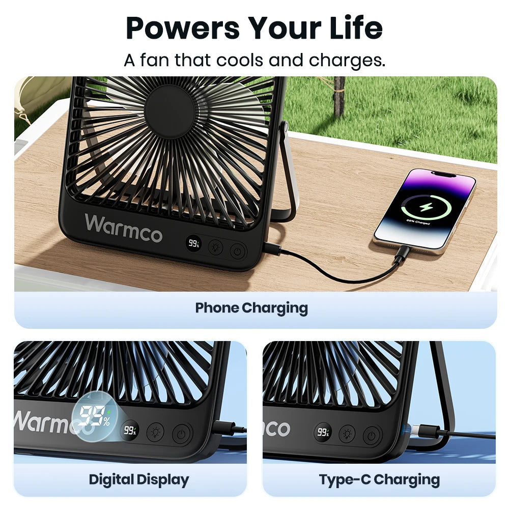 Royallure Portable Rechargeable Desk Fan – 20000mAh Battery, 4 Speeds, Quiet Operation, LED Light, Compact Design for Office and Outdoor Use 3