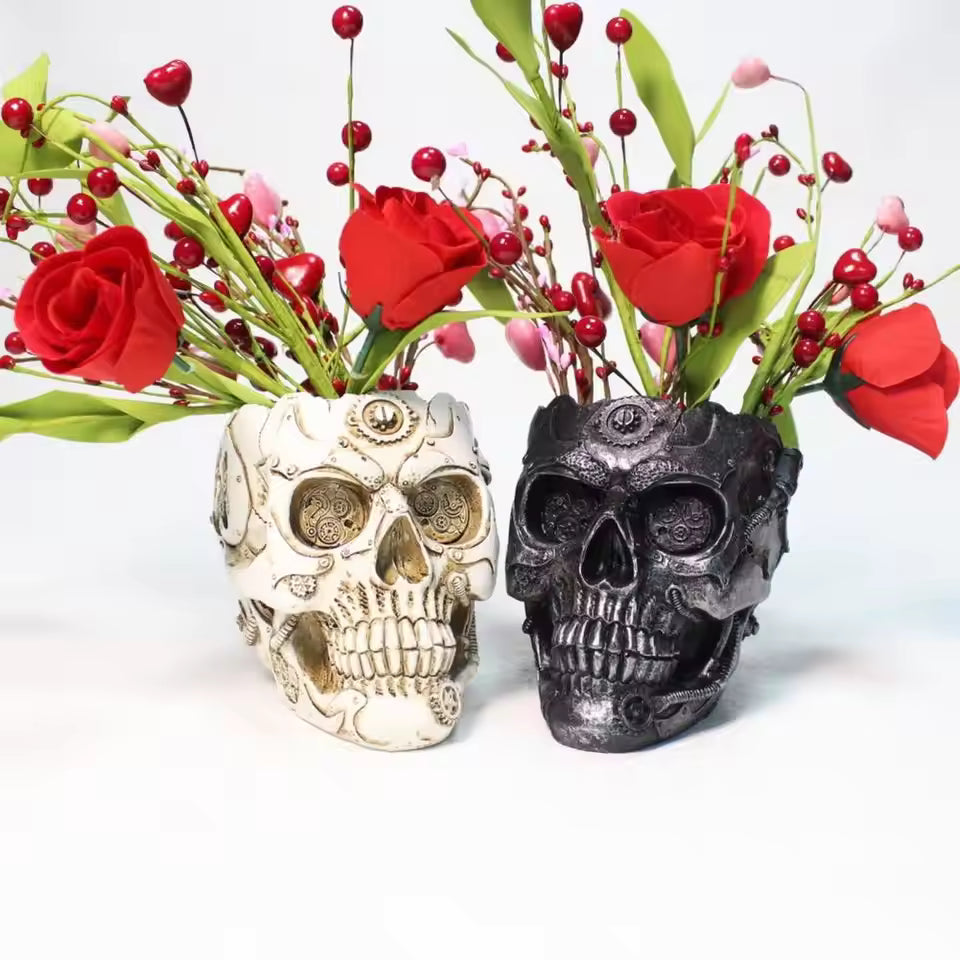 Royelux Halloween Punk Skull Vase Mechanical Style Black White Gold Silver Decor