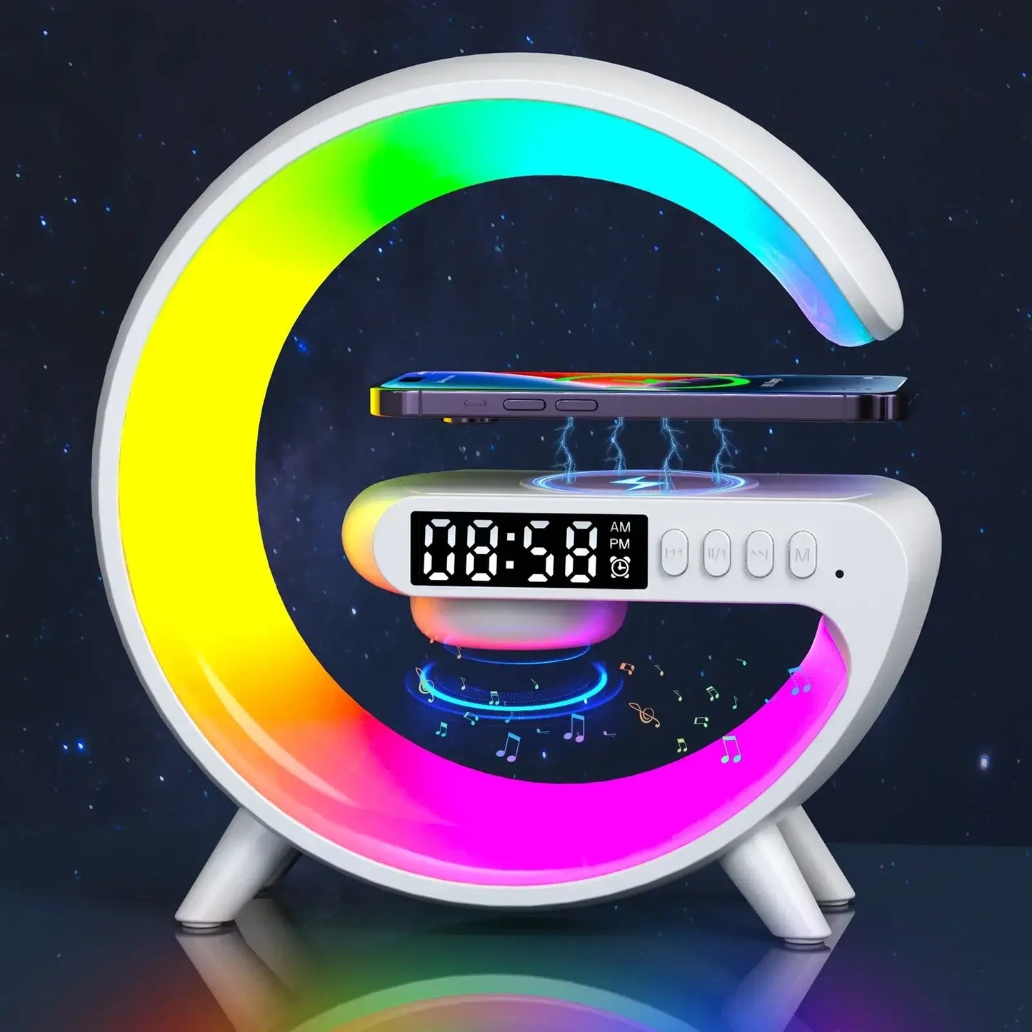 Royallure multifunctional night light with RGB colors, dual alarm clock, and phone charging dock.