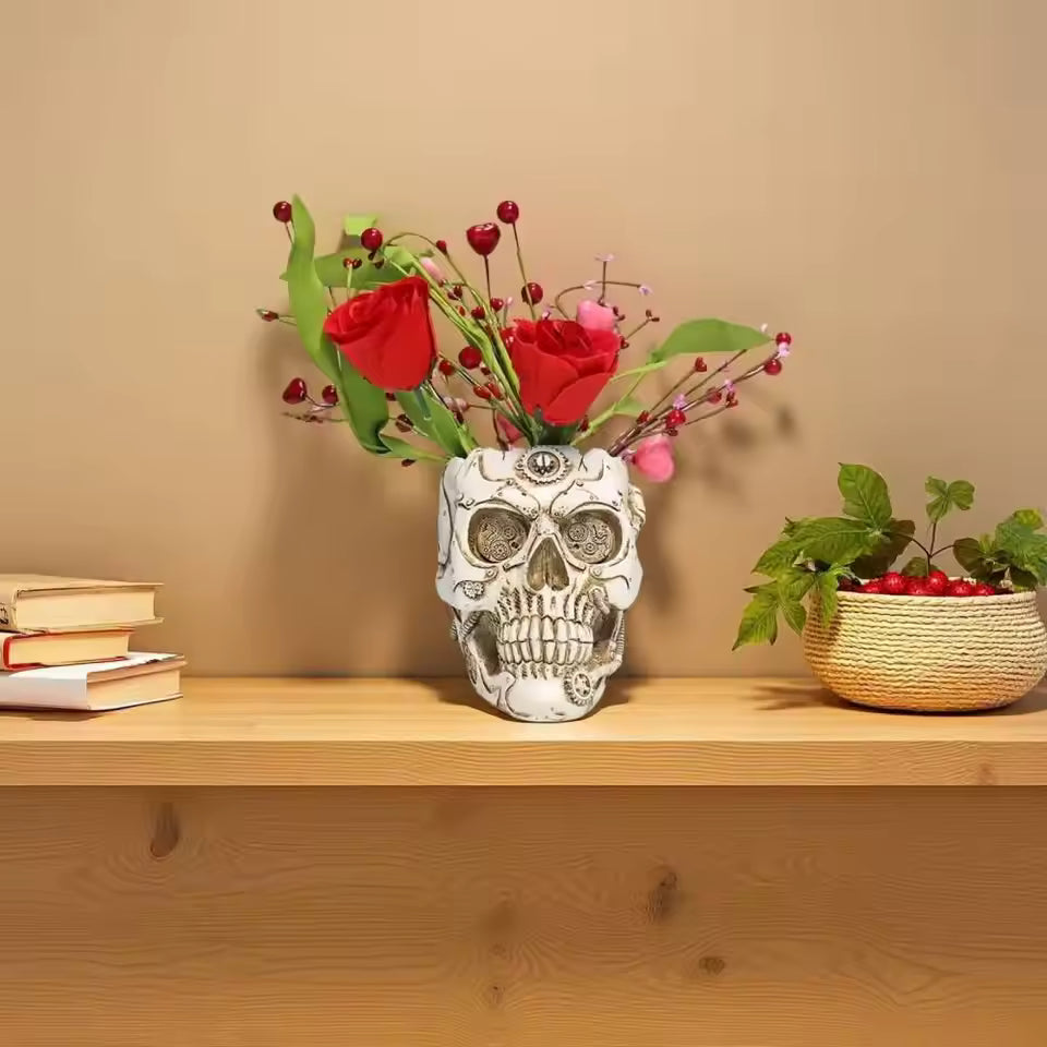 Royelux Halloween Punk Skull Vase Mechanical Style Black White Gold Silver Decor