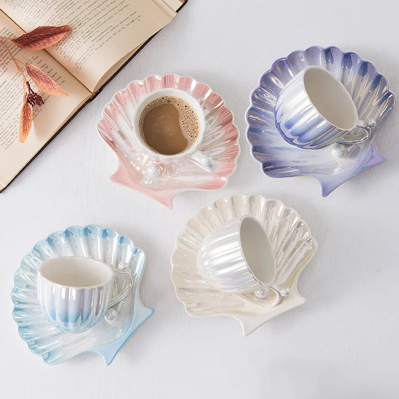 Luxora Mermaid Ceramic Tea Cup Set - Iridescent Shell Design for Coastal Elegance