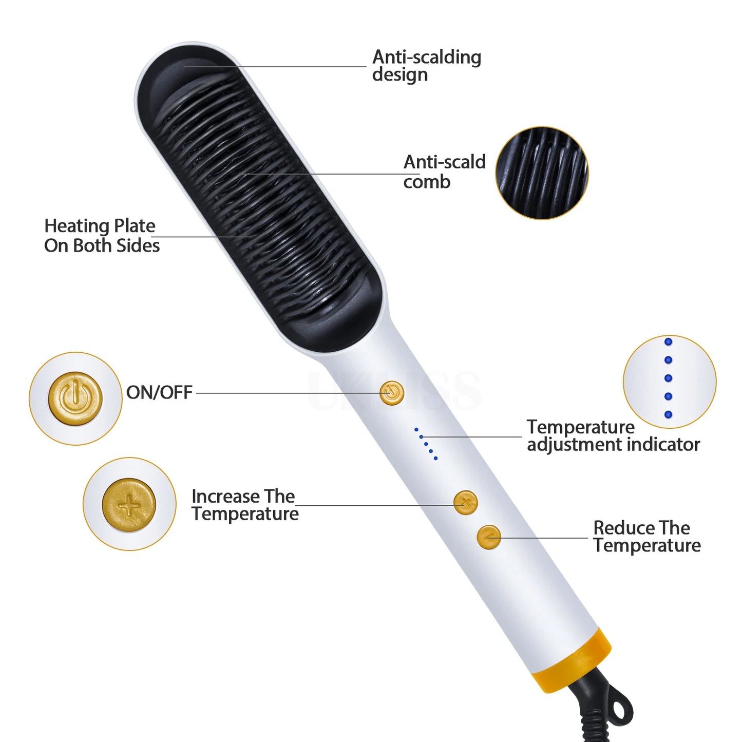 Royallure Professional Hair Straightening Brush with Adjustable Heat Settings for Shiny, Healthy Hair