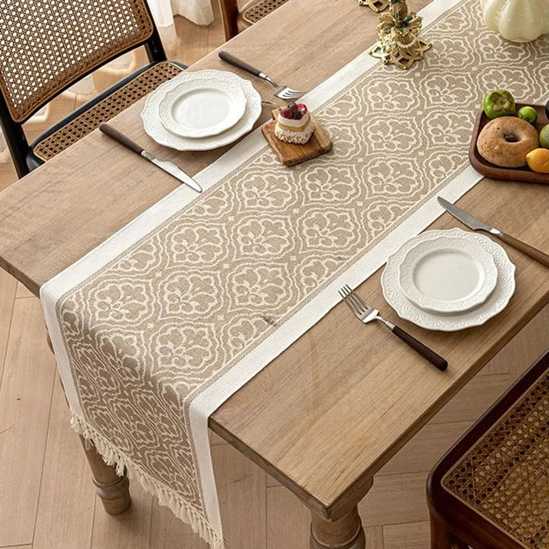 Luxora Waterproof Woven Table Runner - Geometric Design with Tassels for luxury look