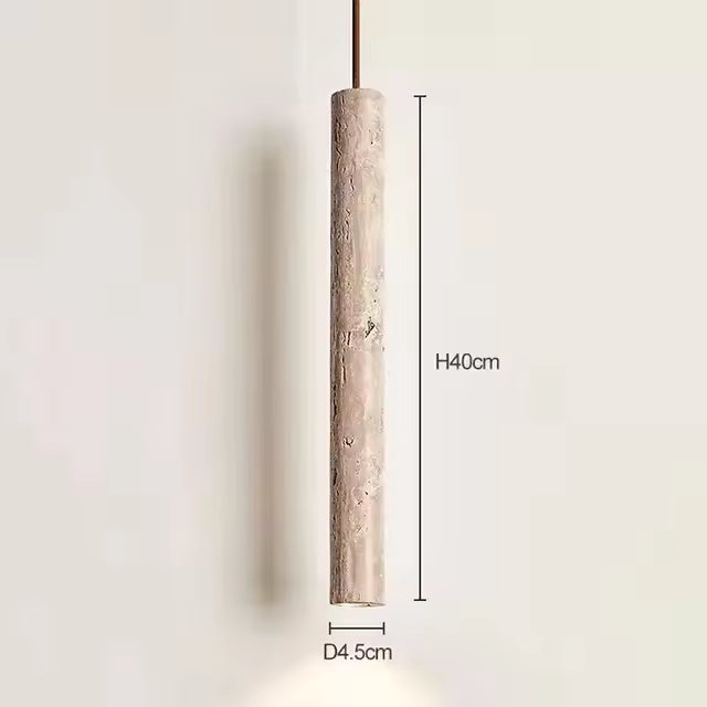 LuxRoyale Marbled Travertine Cylinder Pendant Light, Slim Wabi-Sabi Hanging Lamp