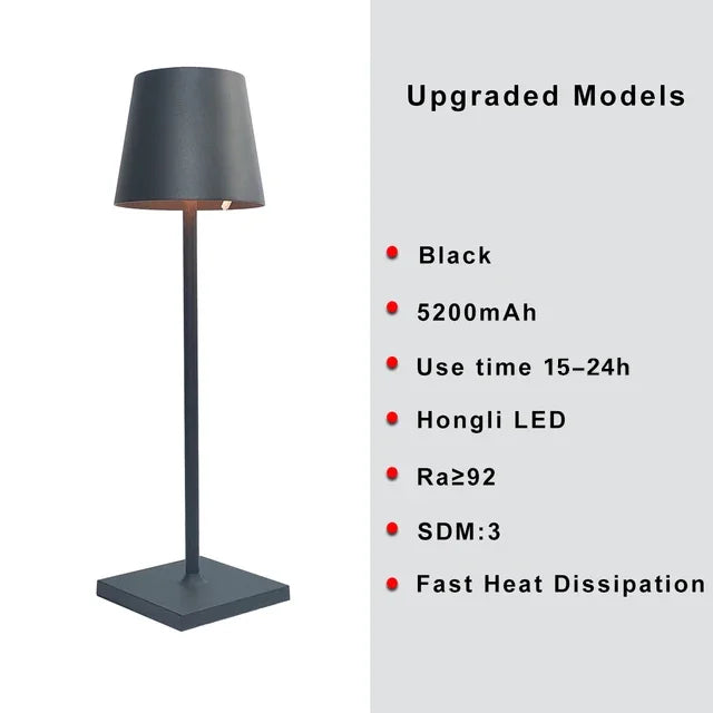 Cordless Lamp - USB Rechargeable Waterproof Table Lamp with Touch Switch - Black
