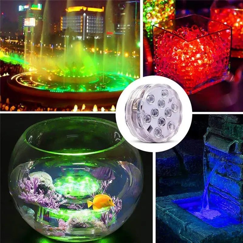 Color-changing submersible LED pool lights with 16 RGB modes, waterproof IP68 design, RF remote control, magnetic and suction cup mount for pools, aquariums, and bathtubs.
