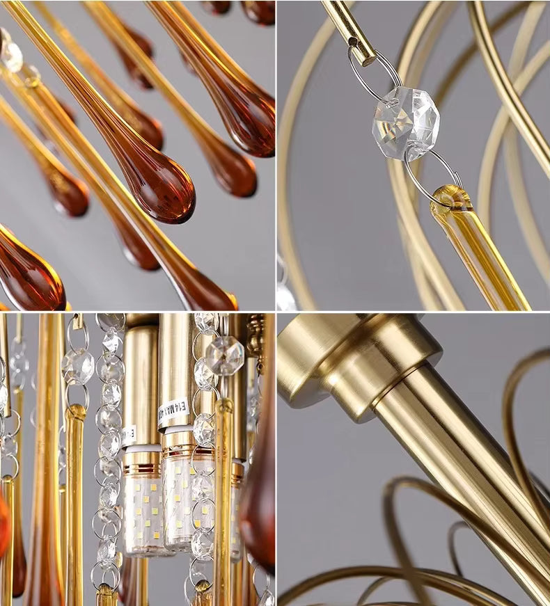 RoyaleGlow French Retro Water Drop Glass Chandelier - Brass Waterfall Crystal Hanging Light