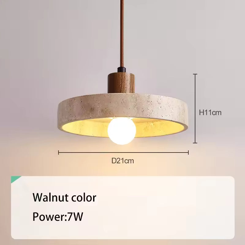 RoyaleGlow Travertine & Wood Disk Pendant Light, Warm LED Ambient Lamp
