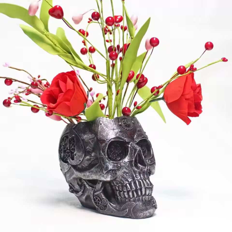 Royelux Halloween Punk Skull Vase Mechanical Style Black White Gold Silver Decor