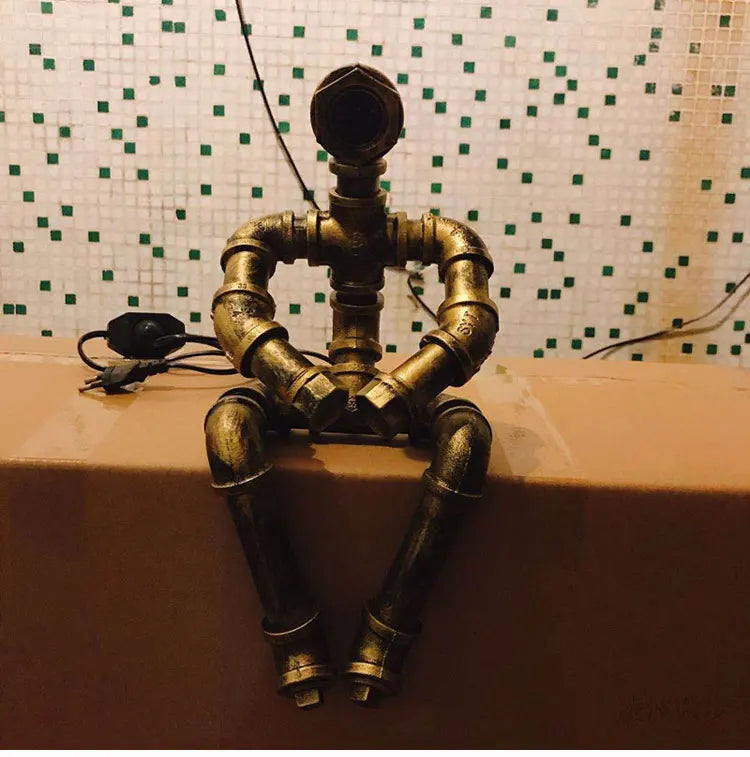 Royallure Steampunk Robot Pipe Table Lamp – Industrial Iron Sculpture with E27 Socket