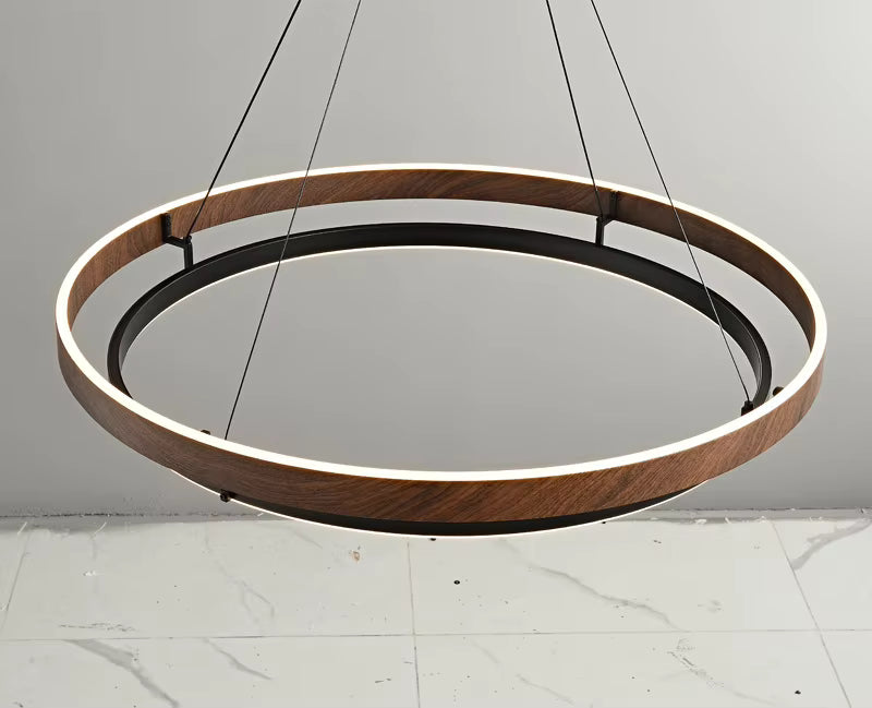 RoyaleGlow Modern LED Ring Pendant Light - Remote Dimmable Walnut Finish Hanging Lamp