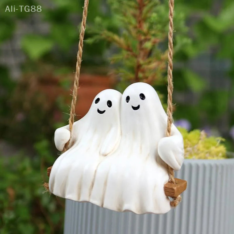 Swing Couple Ghost Pendant White Ghost Statue Halloween Decoration Hanging Ornaments Resin Figurine Car Accessories Home Decor 1