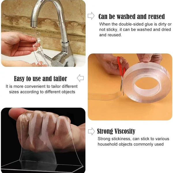 Luxora Transparent Sticky Nano Tape Double Sided Grip Reusable Home Tape Traceless Glue