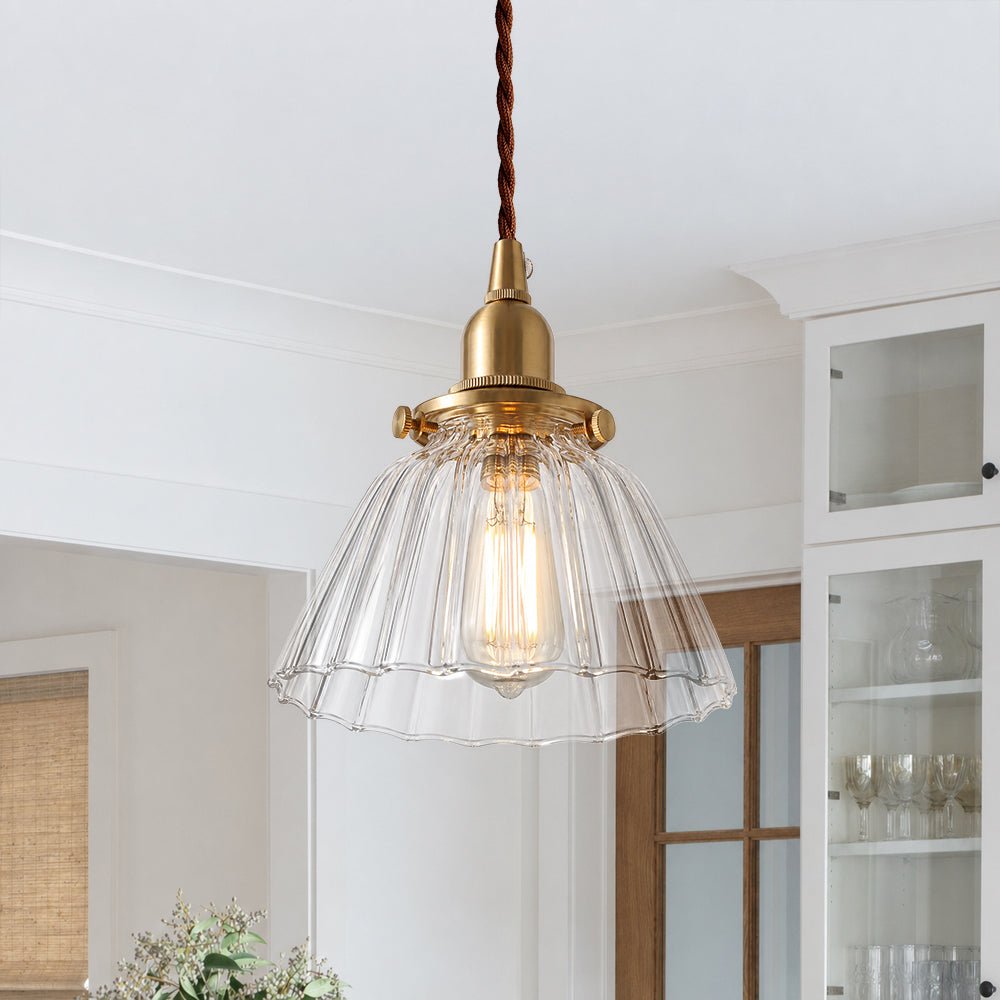 Vintage Retro 1-Light Clear Pleated Glass Cone Bell Pendant Light 5