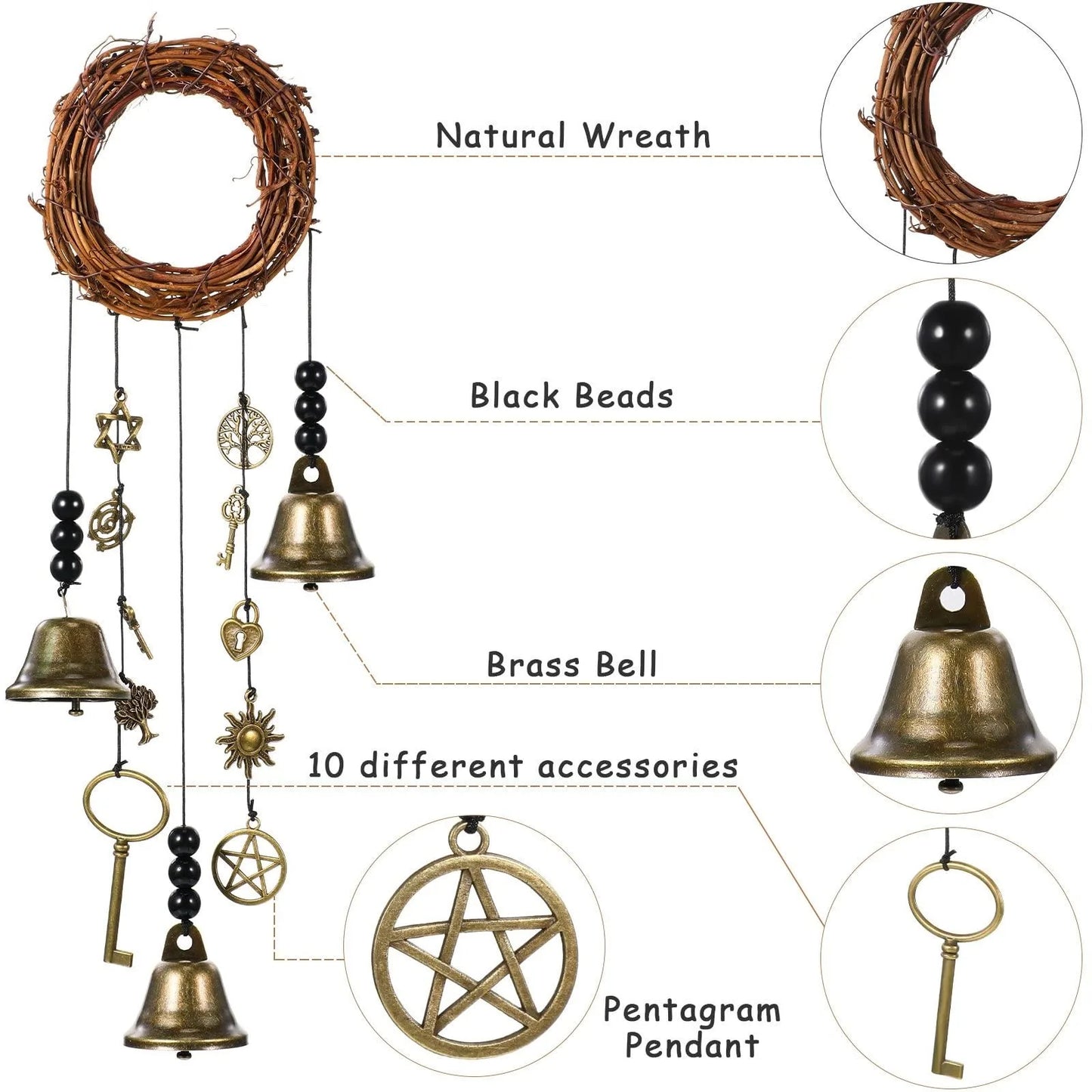 Witch Bells Protection Hangers Wreath Handmade Hanging Magic Wind Chimes for Home Door Doorknob Witchcraft Decora 4