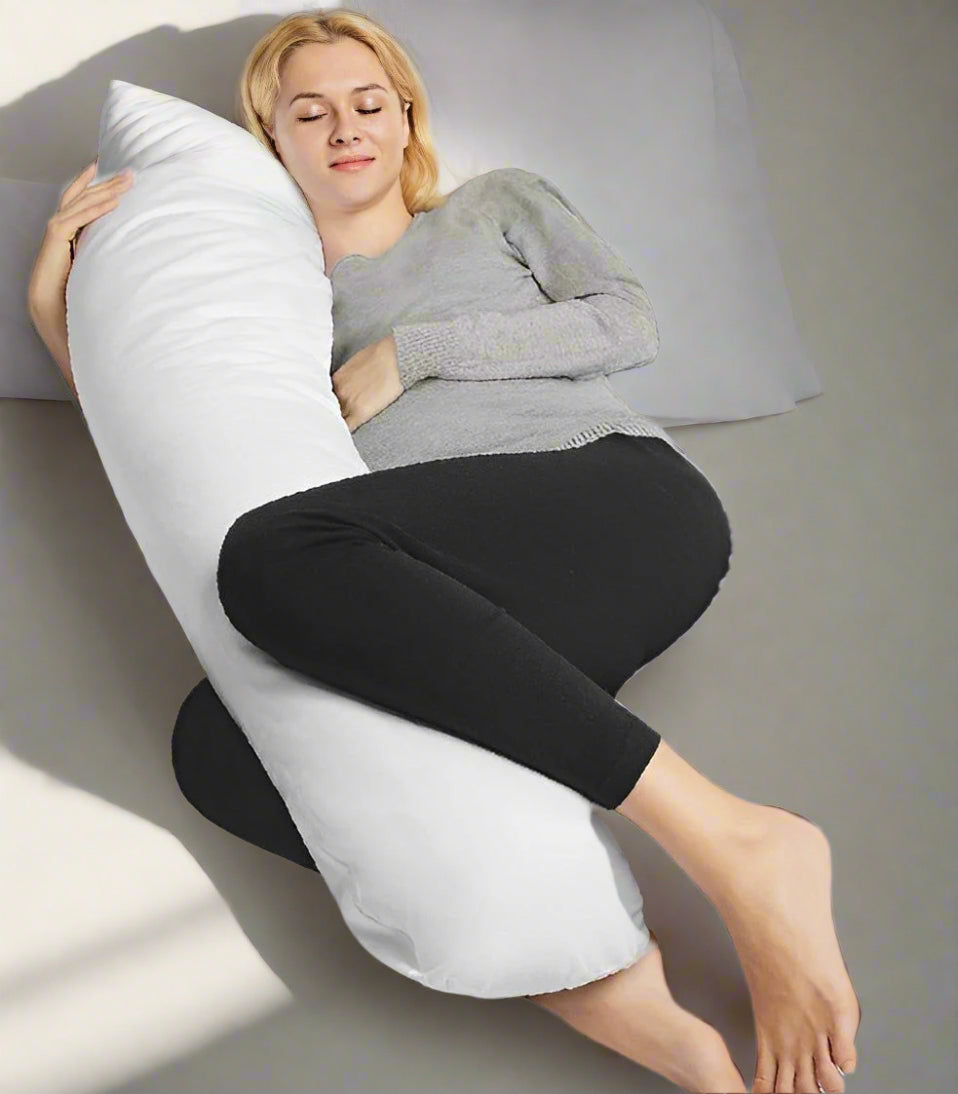 "U-Shaped Full Body Pregnancy Pillow – Ultimate maternity support for better sleep. Soft cotton cover, ergonomic design for belly, back, and hip support. Reduces discomfort, relieves pressure, and promotes restful sleep. Ideal for side sleepers, nursing, and relaxation. Washable cover for easy maintenance